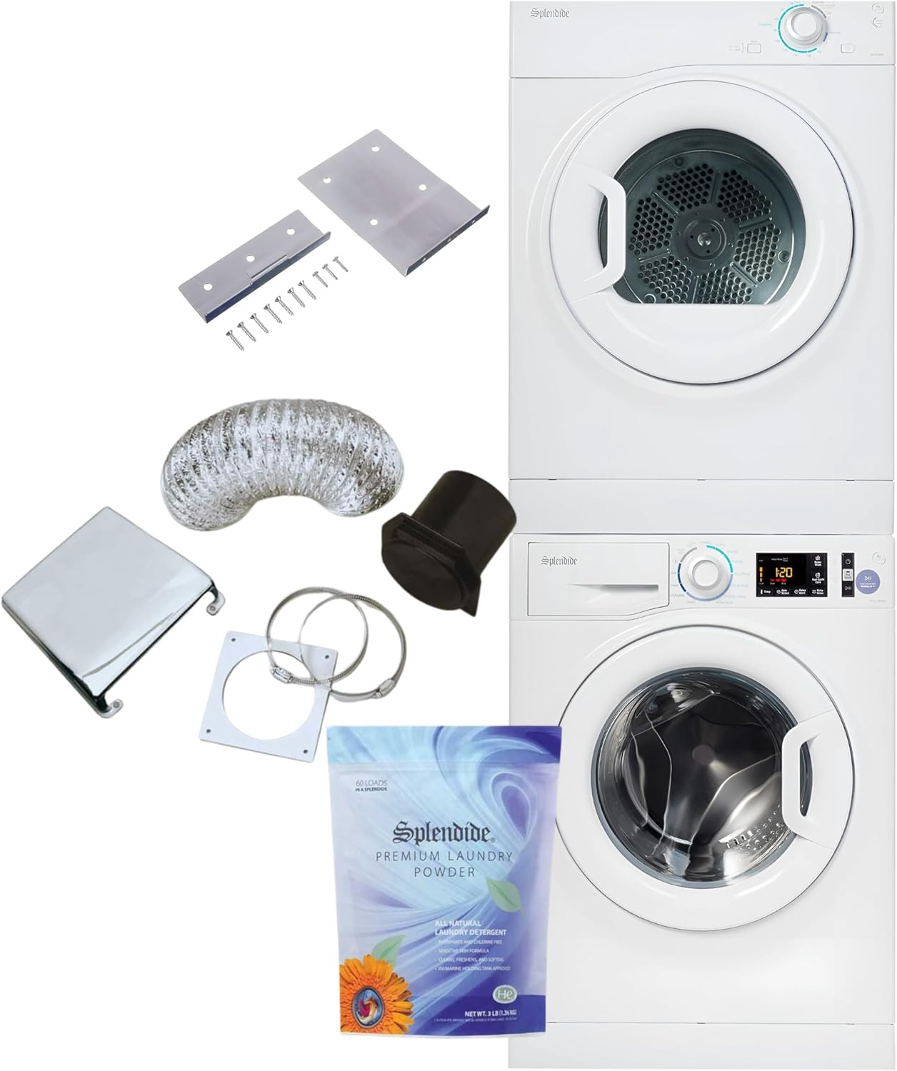 Splendide WFL1300XD Washer & DV6500X Dryer Stacked Bundle with Vent Kit & SK03 Stack Kit Included + Starter Laundry Powder - Freight Delivery