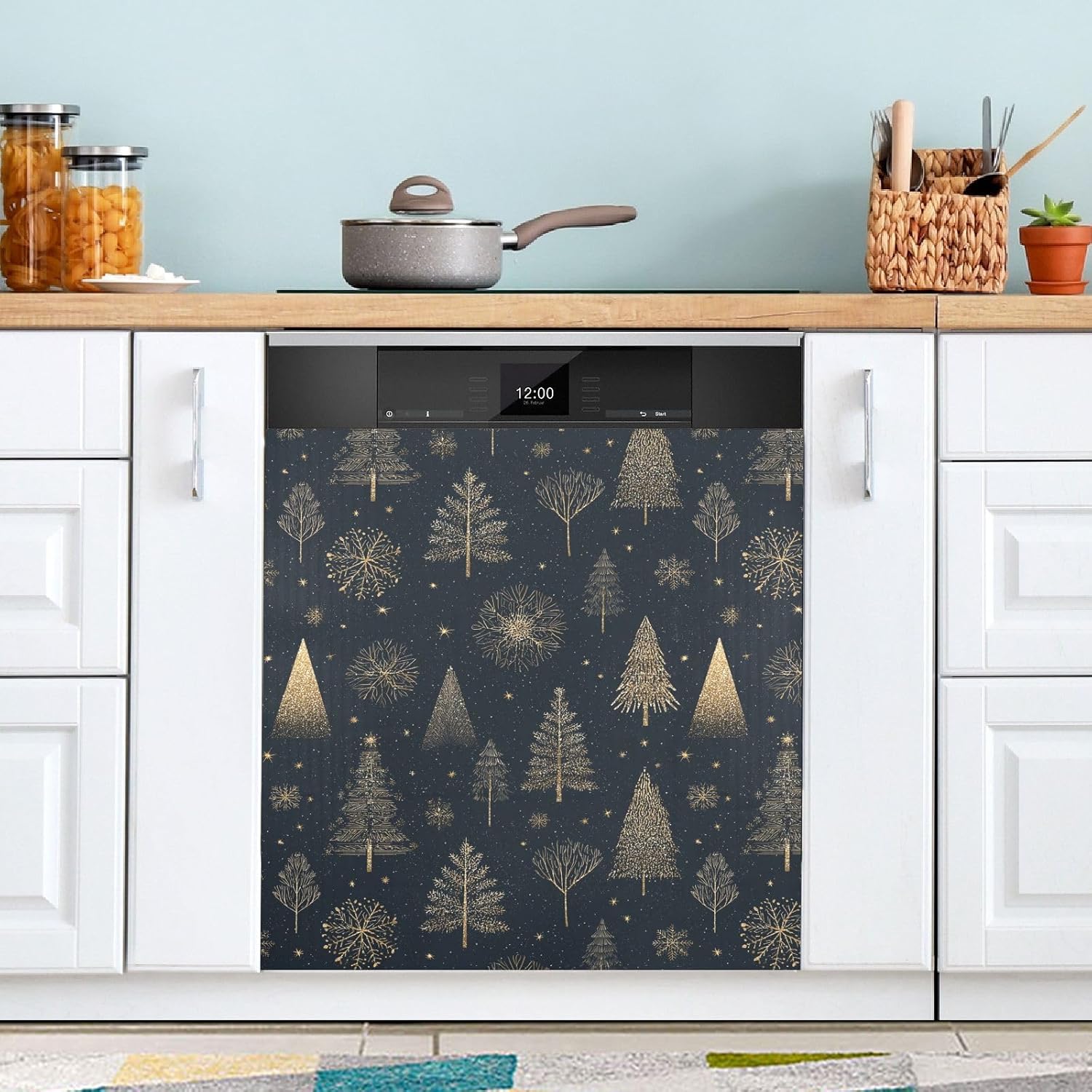 Pfrewn Christmas Winter Magnetic Dishwasher Cover Winter Glitter Tree Snowflakes on Dark (1) Fridge Door Covers Kitchen Decal Vinyl Panel Decorative Refrigerator Laundry Appliances 23x26in