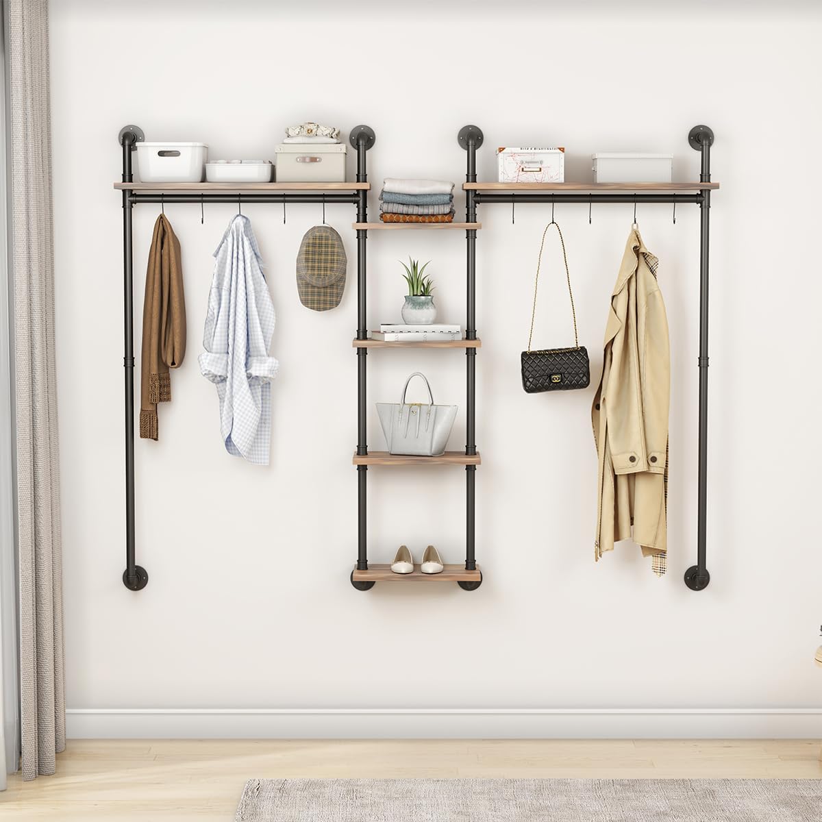 MAIKAILUN Industrial Pipe Clothes Rack, Metal Wall mounted clothes racks for hanging clothes, Modern walk in closet with 4 Tier Shelves, Heavy Duty Garment Rack for Clothes, Laundry Room (Black)