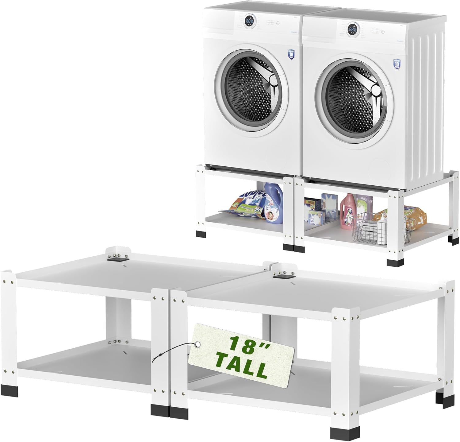 Laundry Pedestal 18 In Height, Washer and Dryer Pedestals with Storage Shelves, 705lbs Weight Capacity Washing Machine Stands for Most Washers and Dryers, Assembly Required, White, 2 Pack