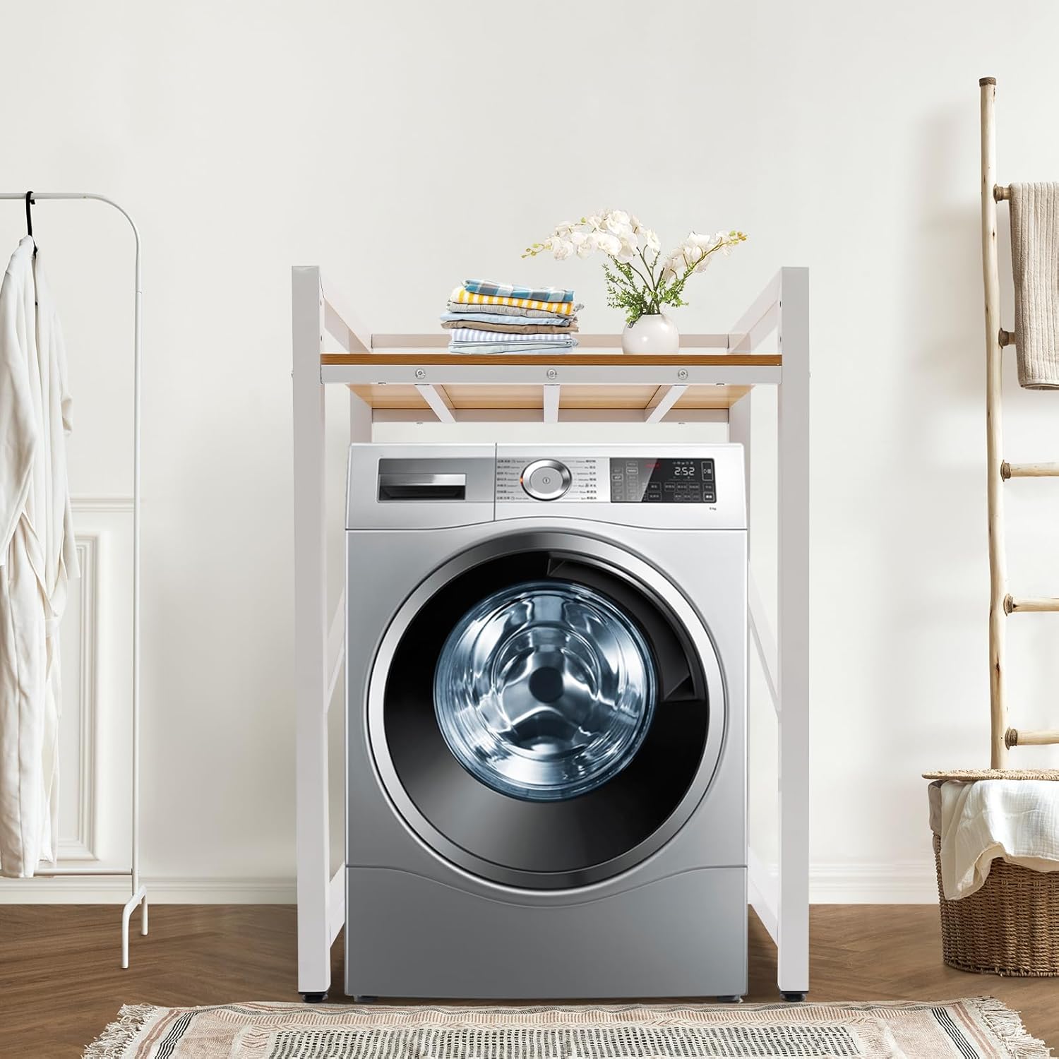 Washer Dryer Stacking Rack Stand, Stackable Storage Standing Shelf Metal Washing Machine Rack, Adjustable Stacking Utility Storage Shelves for Bathroom Laundry Balcony 660Lbs Capacity (White)