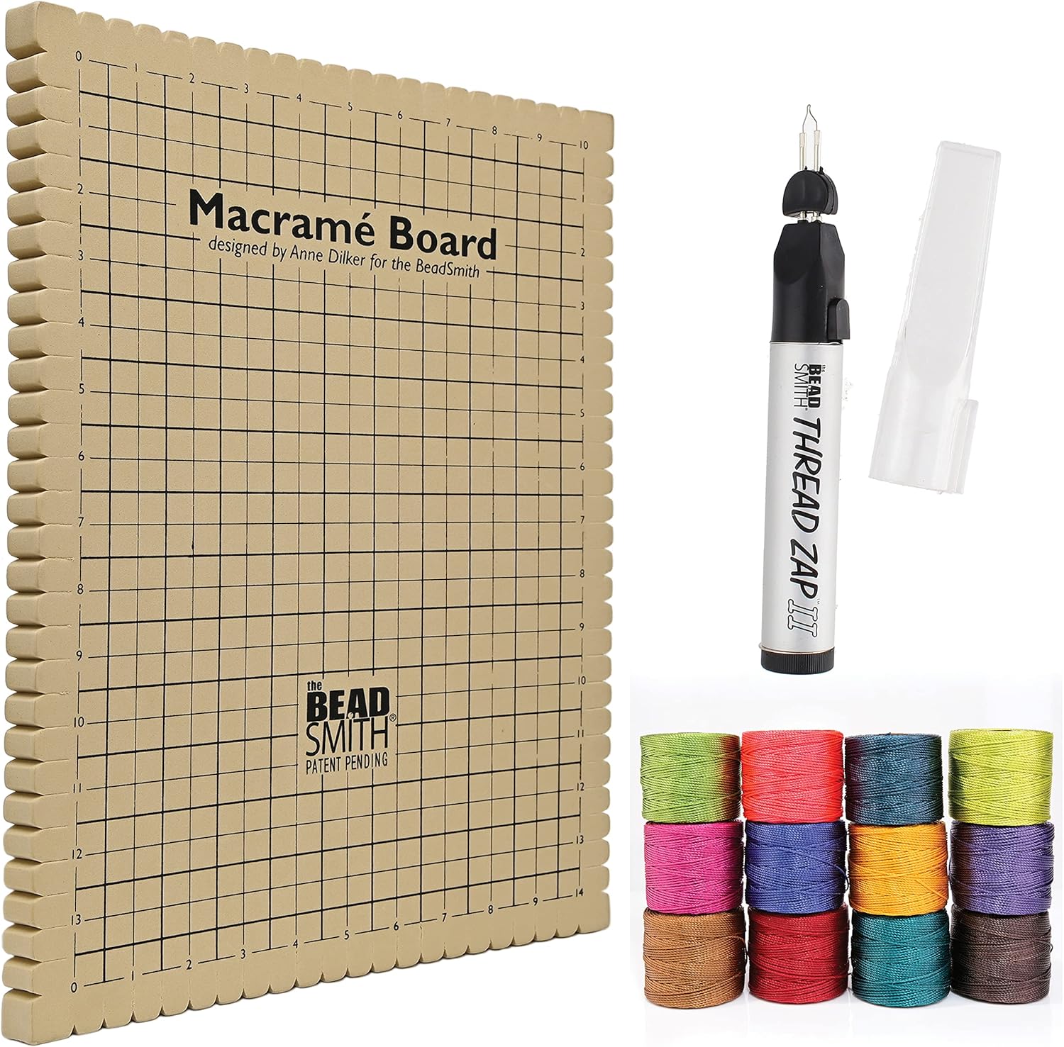 The Beadsmith Mini Macrame Kit - Bead Board 7.5 x 10.5 inches - Thread Zap II - 5.25” Thread Burner - S-Lon Cord #18 Cord, Multipack with 4 Spools – for Macrame and Knotting Jewelry Projects