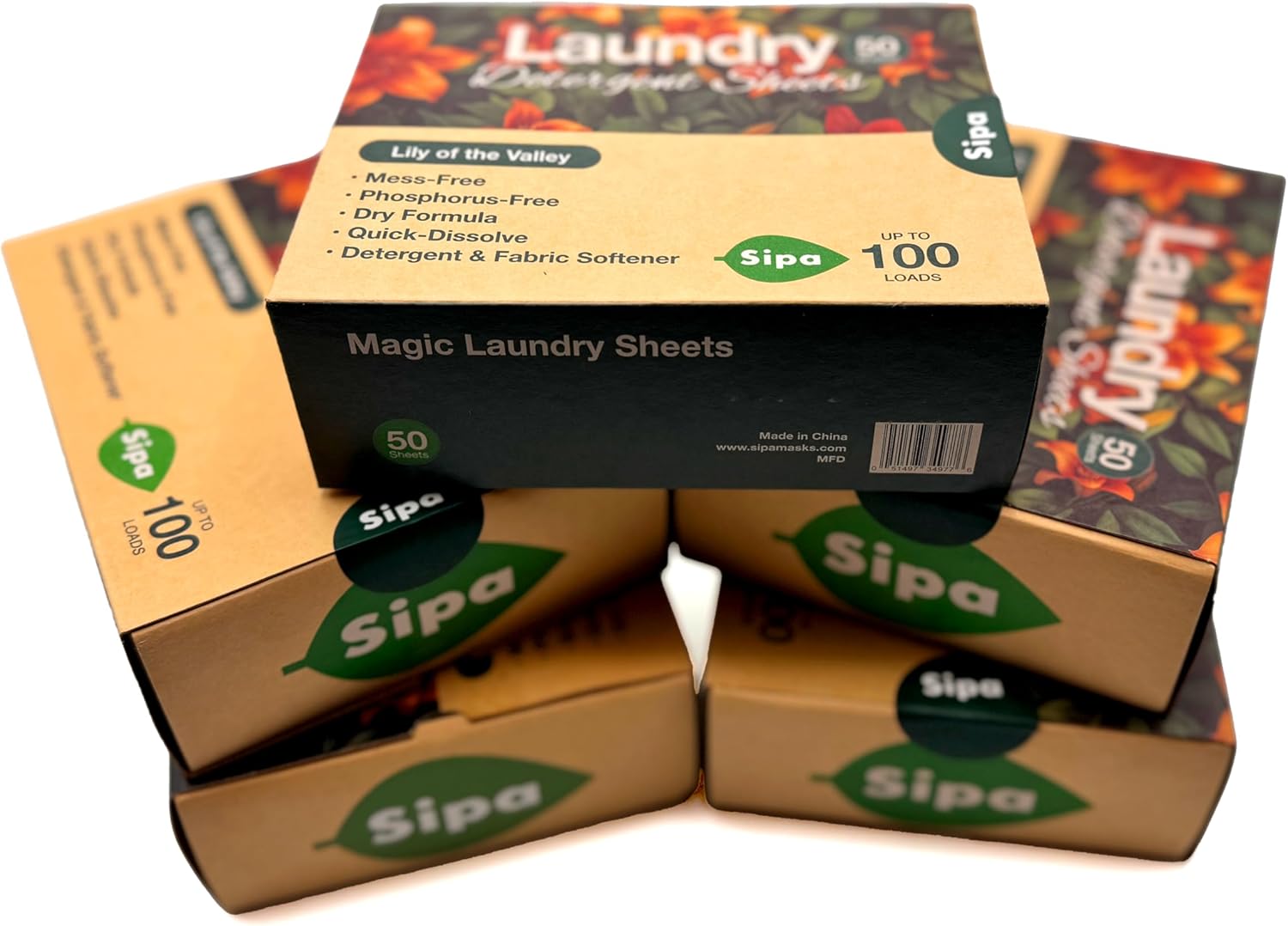 SIPA Laundry Detergent Sheets - 50 Sheets, 100 Loads, Lily of the Valley, Eco-Friendly, Phosphorus-Free