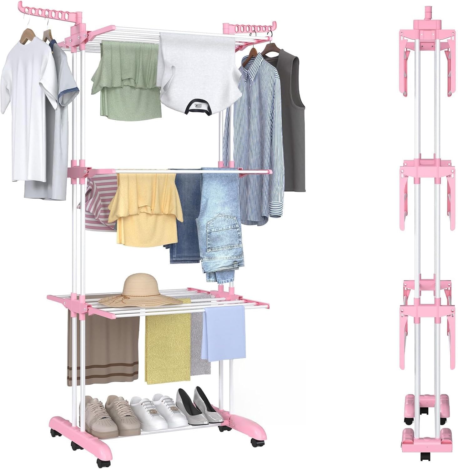 Bigzzia Clothes Drying Rack, Folding Stainless Steel Clothes Horses Rack Indoor Outdoor, 4 Tier Laundry Drying Rack with Two Side Wings (Light Blue, 4 Tie (Bottom fold))