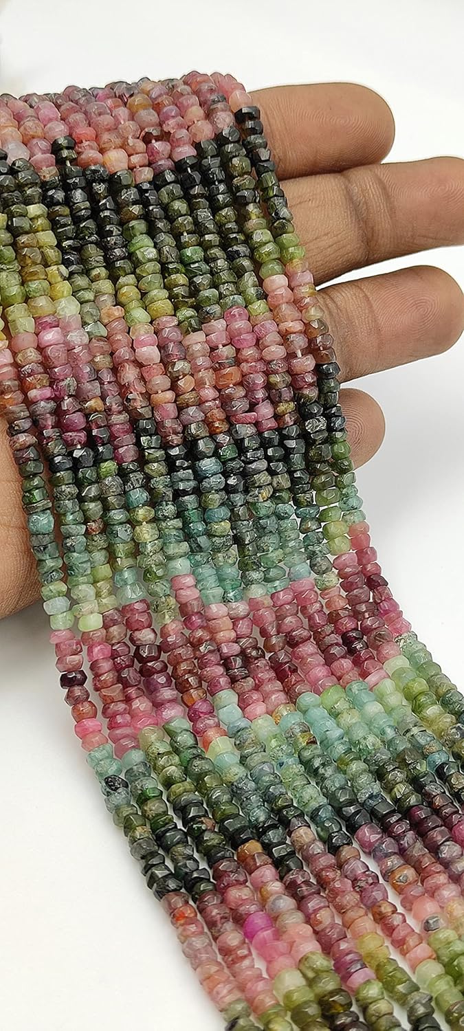 Hanumat Gems Lot of 2 Strand Natural Multi Tourmaline Faceted Rondelle Beads,Tourmaline Faceted Beads,Tourmaline Rondelle Bead,Tourmaline Gemstone Bead,3.00-4.00 MM Beads,13 Inches Strand.