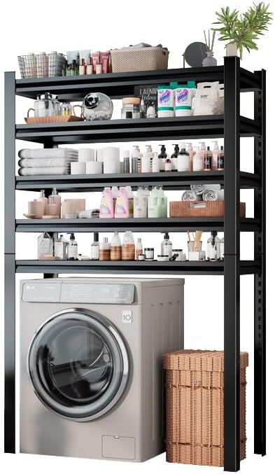 Over Washer and Dryer Shelves, 5 Tier Adjustable Metal Washing Machine Shelf, Sturdy and Spacious Laundry Room Organization and Storage Rack, 35.43''W*17.72''D*77.44''H, Black