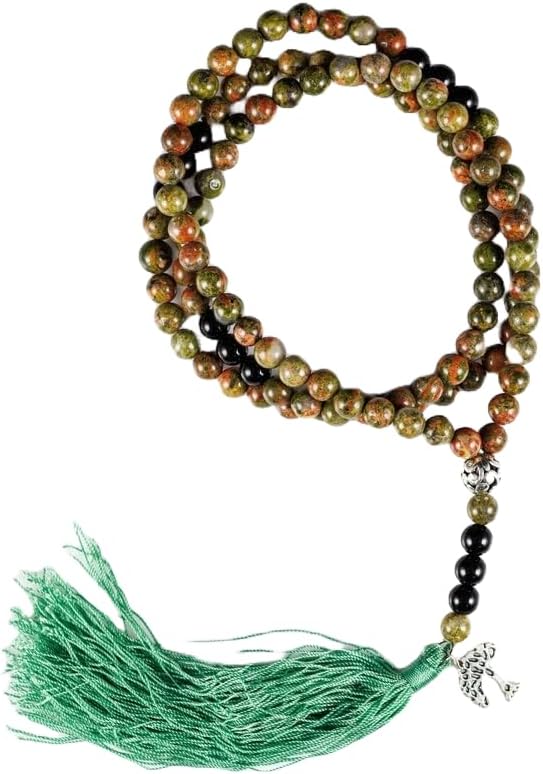 UNAKITE & BLACK ONYX Stone Mala Beads, 108 Mala Necklace, Knotted Mala, WWG Necklace, Yoga Jewelry Meditation Beads Spiritual Jewelry Boho Jewelry, 34inch, Gemstone