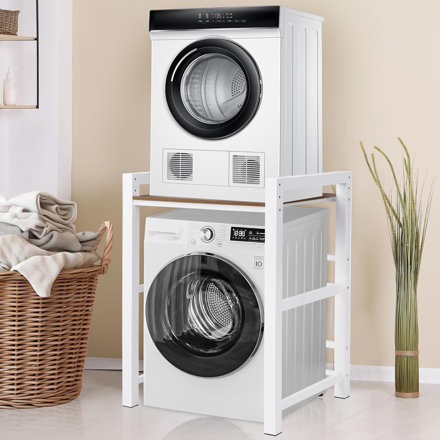 Washer Dryer Stacking Rack, 660lbs Capacity Heavy Duty Washer and Dryer Stacking Stand, 3 Adjustable Height Washing Machine Shelf for Compact Apartment, Laundry Rooms, Bathrooms and RV (White)