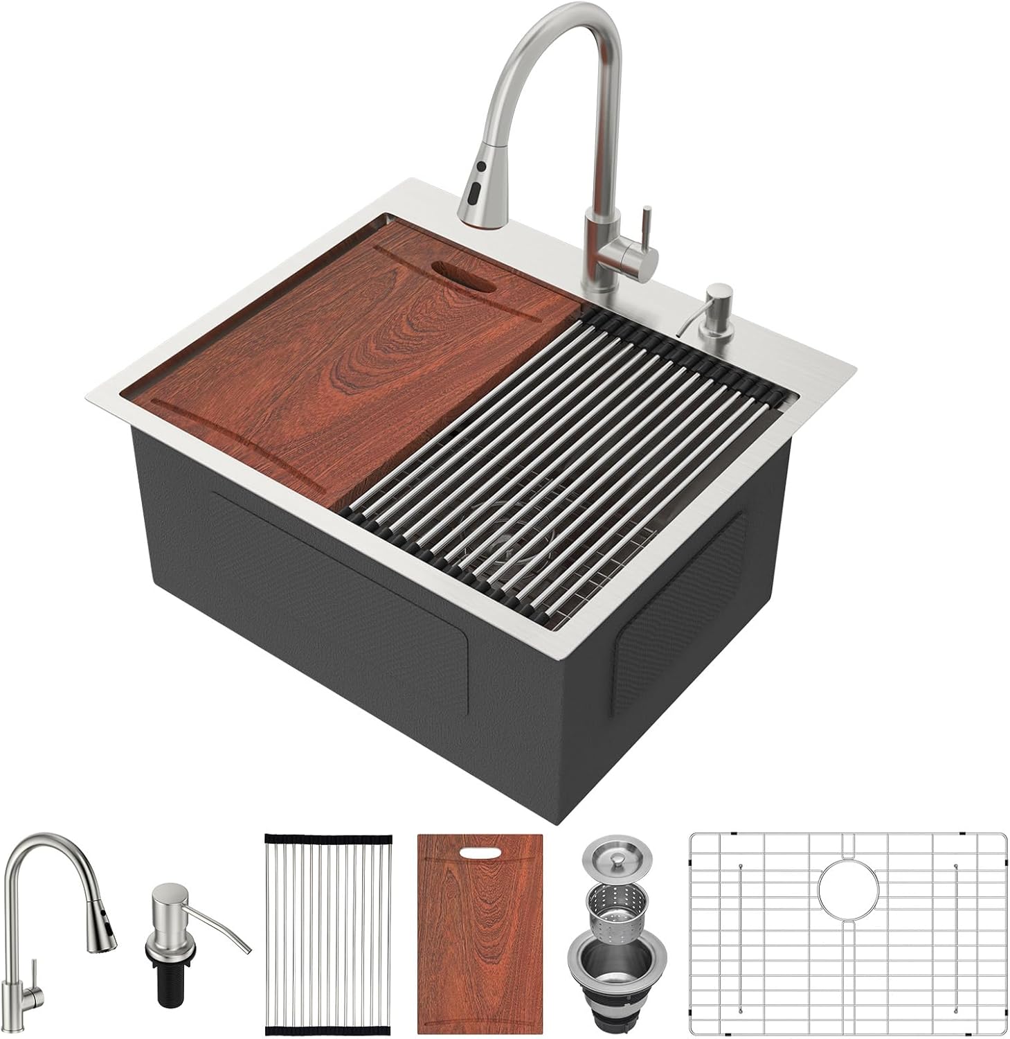 Lordear 25x22 Inch Drop In Laundry Sink with Faucet 12 Inch Deep Topmount Utility Sink Workstation 16 Gauge Stainless Steel Single Bowl for Laundry Room 25