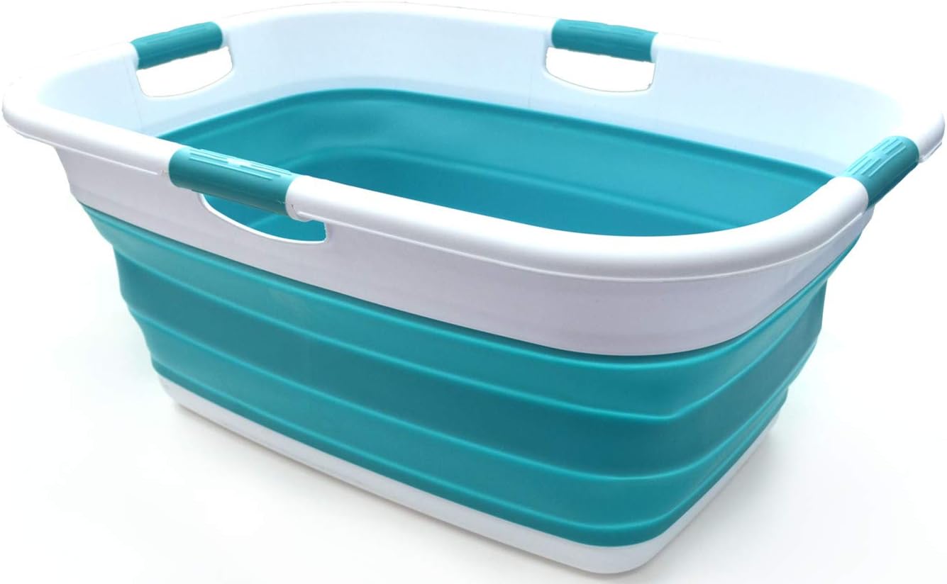 SAMMART 49L Collapsible 4 Handled Laundry Basket-Foldable Storage Container-Portable Washing Bin-Space Saving-Pet Bath Tub,Water capacity 37L (1, Bright Blue), Size : 25.4 x 18.7 x 10.25 inches