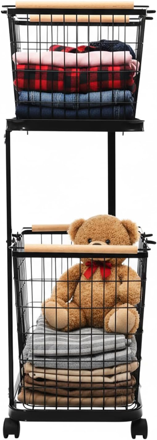 Laundry Basket 2 Tier Metal Laundry Basket With Wheels, Iron Beech Wood Spray Molding, 88.18LBS Load 4 Wheels 2 Brakes, Removable Baskets Hollow-out Breathable, Home