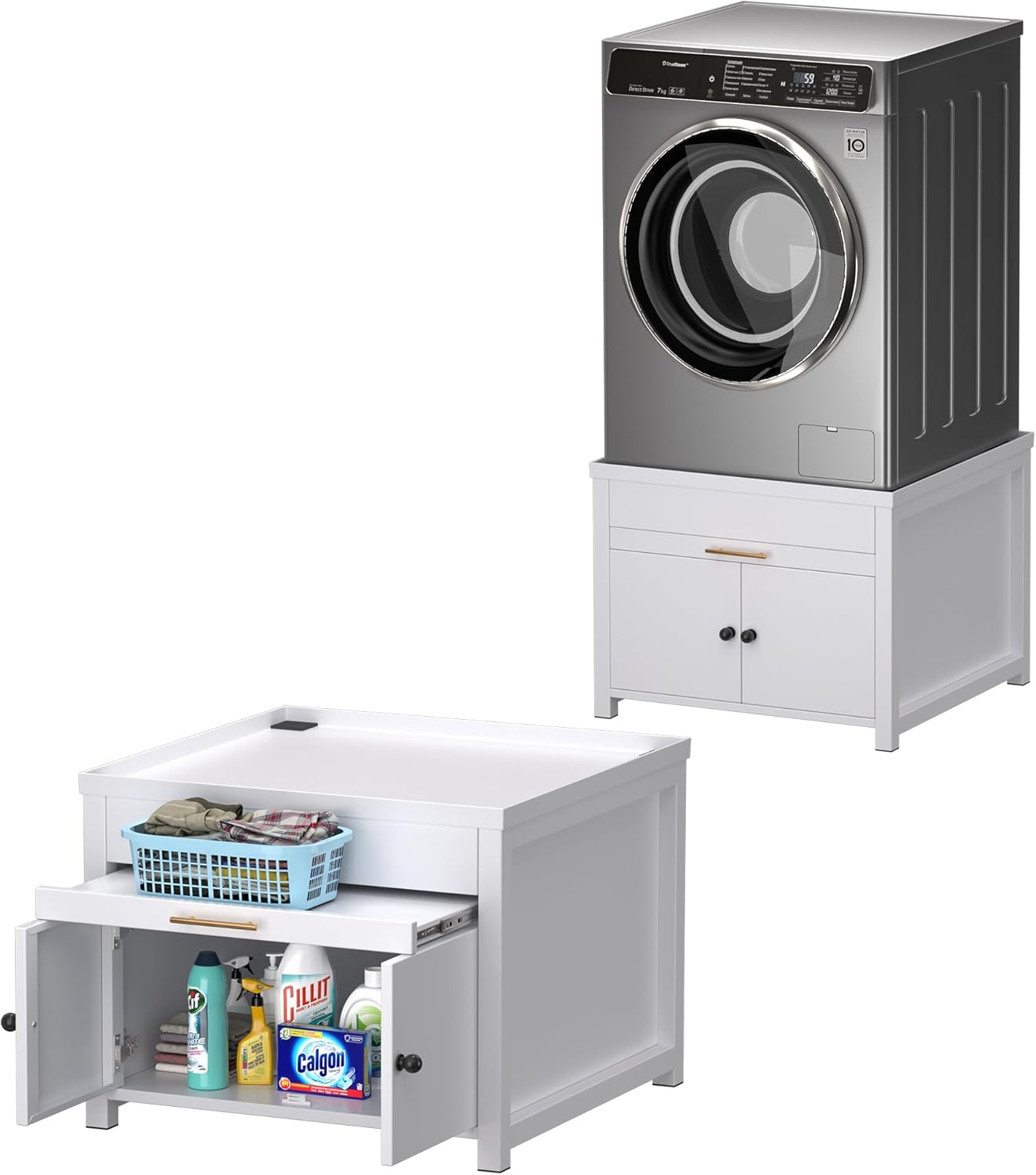 Washer and Dryer Pedestals, Washer and Dryer Stand with Door, Heavy Duty Metal Washing Machine Stand with Laundry Basket Shelf, Universal Fit Anti-Vibration Laundry Pedestal, 810 LBS Capacity