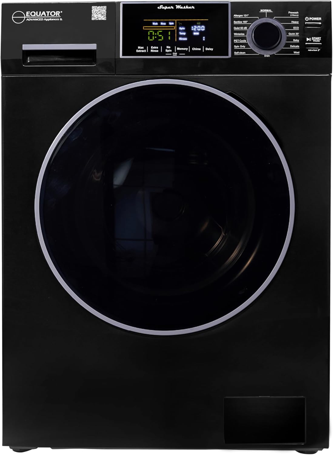 Equator Compact Washer 1.6cf/15lbs PET CYCLE 15 Programs 110V in Black