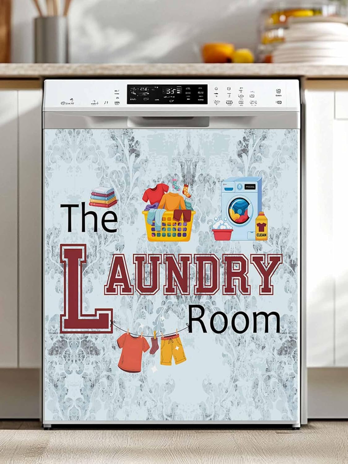 Laundry Room Dishwasher Magnet Cover, Blue Cartoon Washing Machine Clothes Refrigerator Magnets Covers for The Front Door, Dishwasher Panel Fridge Decal Cover for Home Appliance Decor 23''x26''