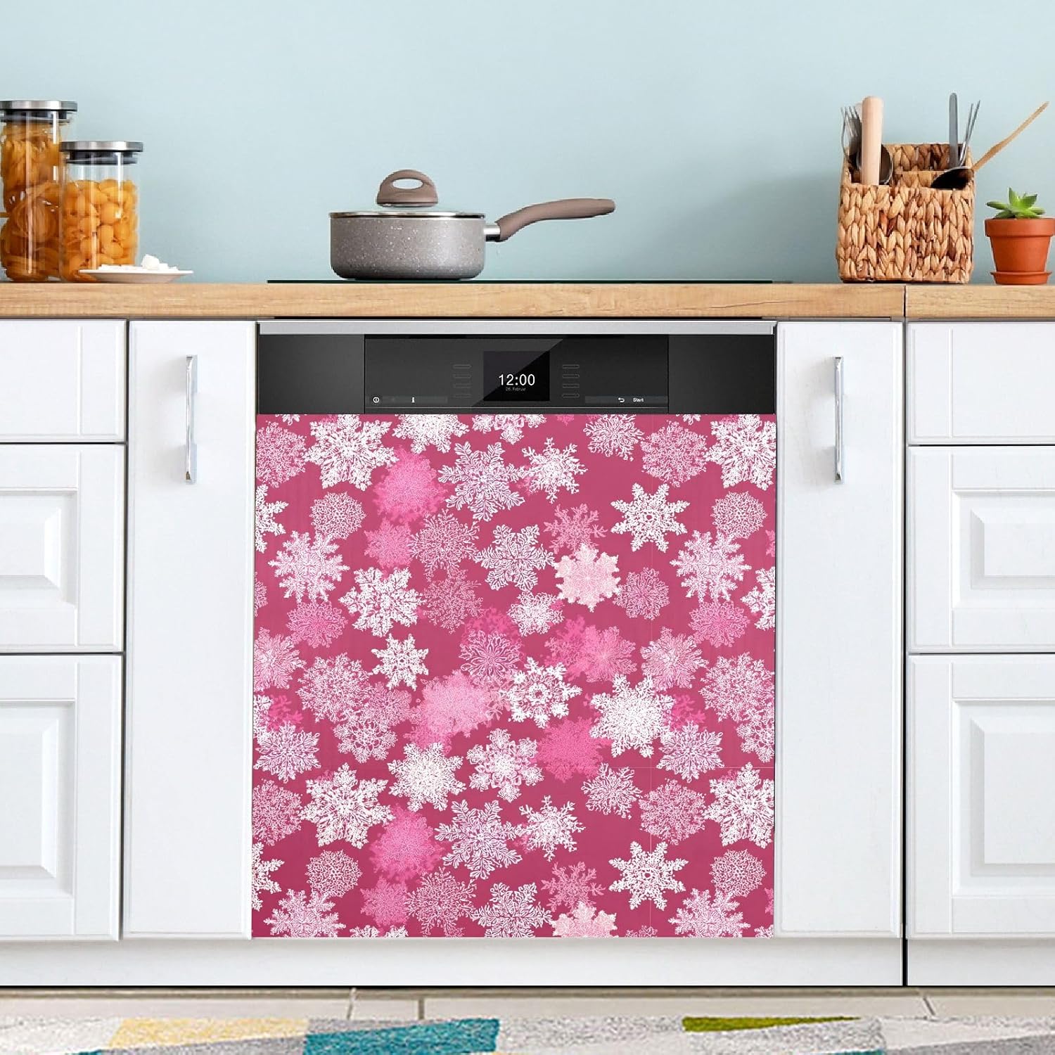Pfrewn Christmas Winter Magnetic Dishwasher Cover Christmas Snowflake on Pink (1) Fridge Door Covers Kitchen Decal Vinyl Panel Decorative Refrigerator Laundry Appliances 23x26in