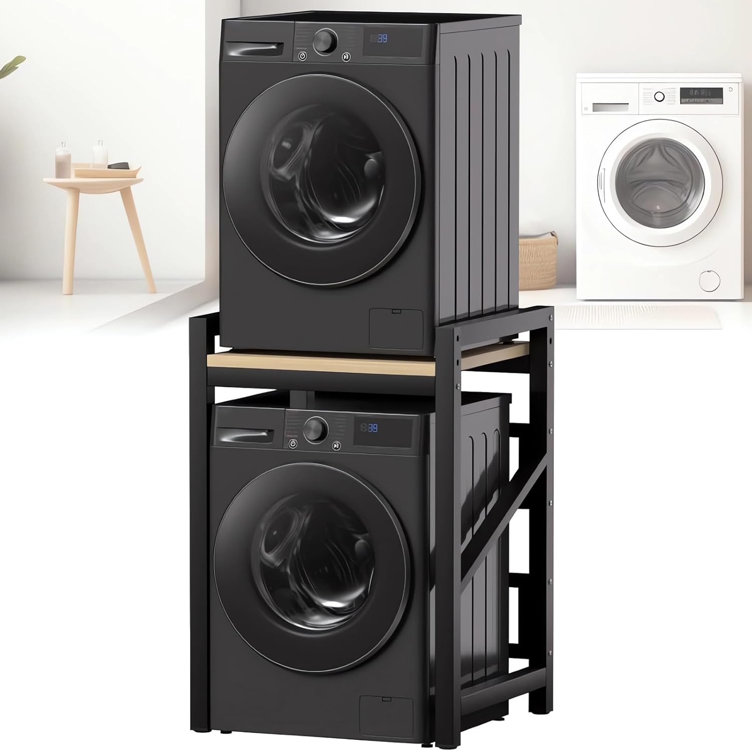 Washer Dryer Stacking Rack Kit 29.5in, Over the Washer and Dryer Storage Shelf for Laundry Room, Bathroom, Heavy Duty, Height Adjustable, 1.2mm Wall Thickness 660lbs Capacity (Black, 29.5in)