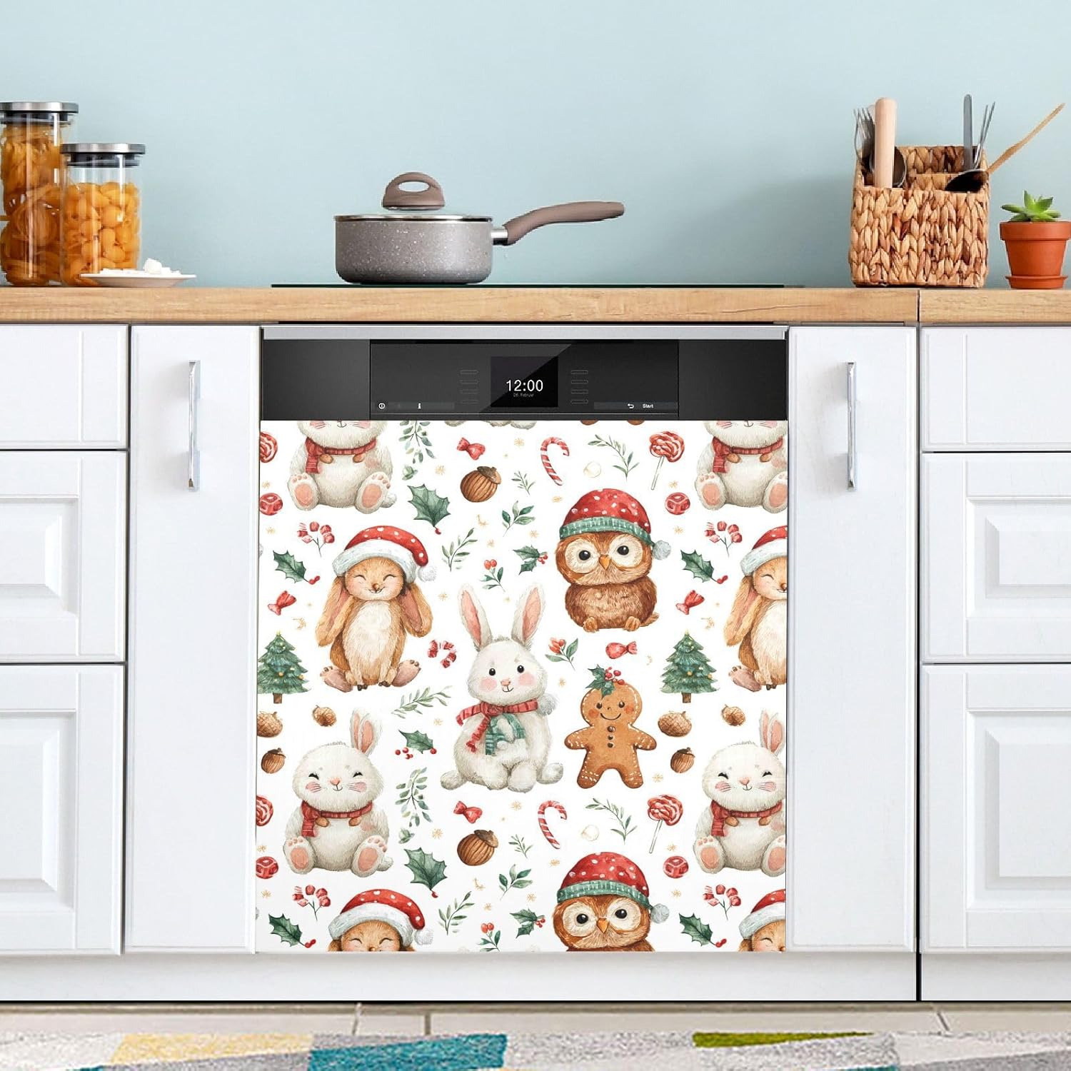 Pfrewn Christmas Winter Magnetic Dishwasher Cover Christmas Rabbit Squirrel Owl Gingerbread Fridge Door Covers Kitchen Decal Vinyl Panel Decorative Refrigerator Laundry Appliances 23x26in