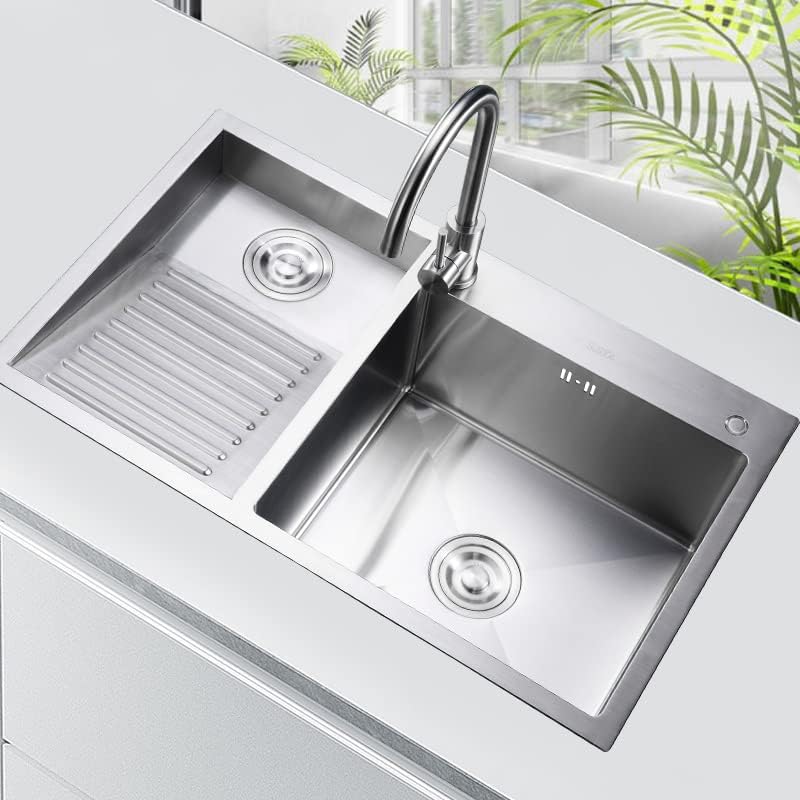 Laundry Utility Sink With Washboard Stainless Steel Kitchen Sink with Faucet Household Pool Balcony Room Wash Basin Easy Clean Double-Bowl, 600mm/23.6Inch