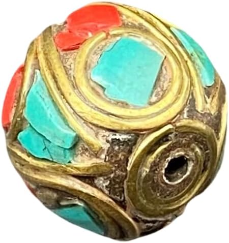 Old Antique 16mm Nepalese Tibetan Bead with Turquoise and Coral Inlay –16mm 5.7g Handmade Vintage Brass Bead for Jewelry Making, Meditation, Healing, and Boho Crafts (50)