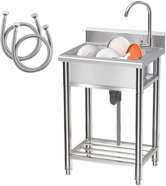 Stainless Steel Kitchen Sink, Free Standing Single Bowl Sink,Commercial Utility Sink with Faucet and Storage Shelve for Laundry Room, Kitchen, Garage, Bathroom