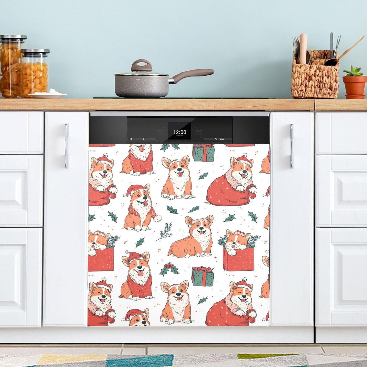 Pfrewn Christmas Winter Magnetic Dishwasher Cover Christmas Cartoon Cute Corgi Dogs (10) Fridge Door Covers Kitchen Decal Vinyl Panel Decorative Refrigerator Laundry Appliances 23x26in