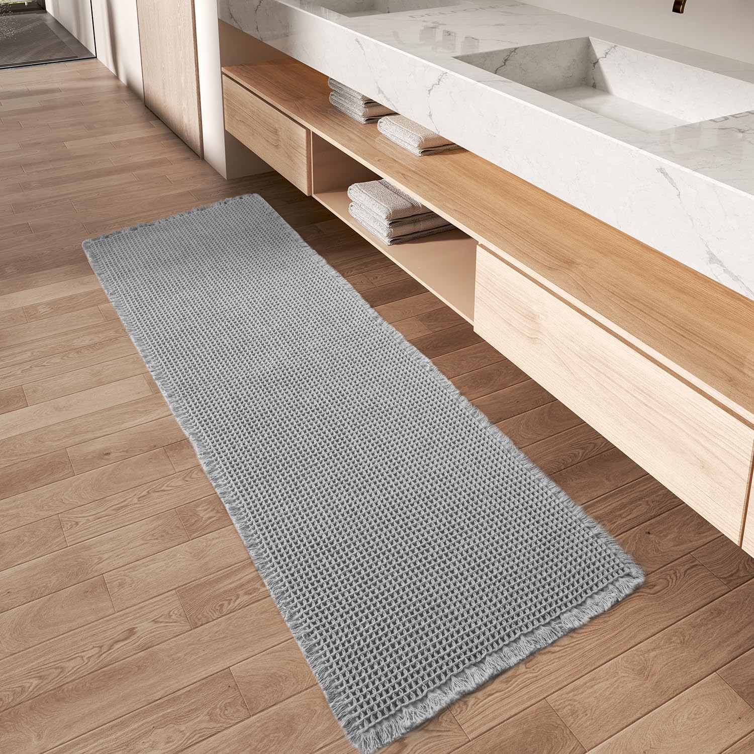 Upgraded Waffle Runner Rug Super Absorbent Non Slip Bath Mats for Bathroom Machine Washable Bathroom Runner Rug with Tassels, Ideal for Hallway Bedroom Laundry Room, Light Grey, 2' x 5'(24