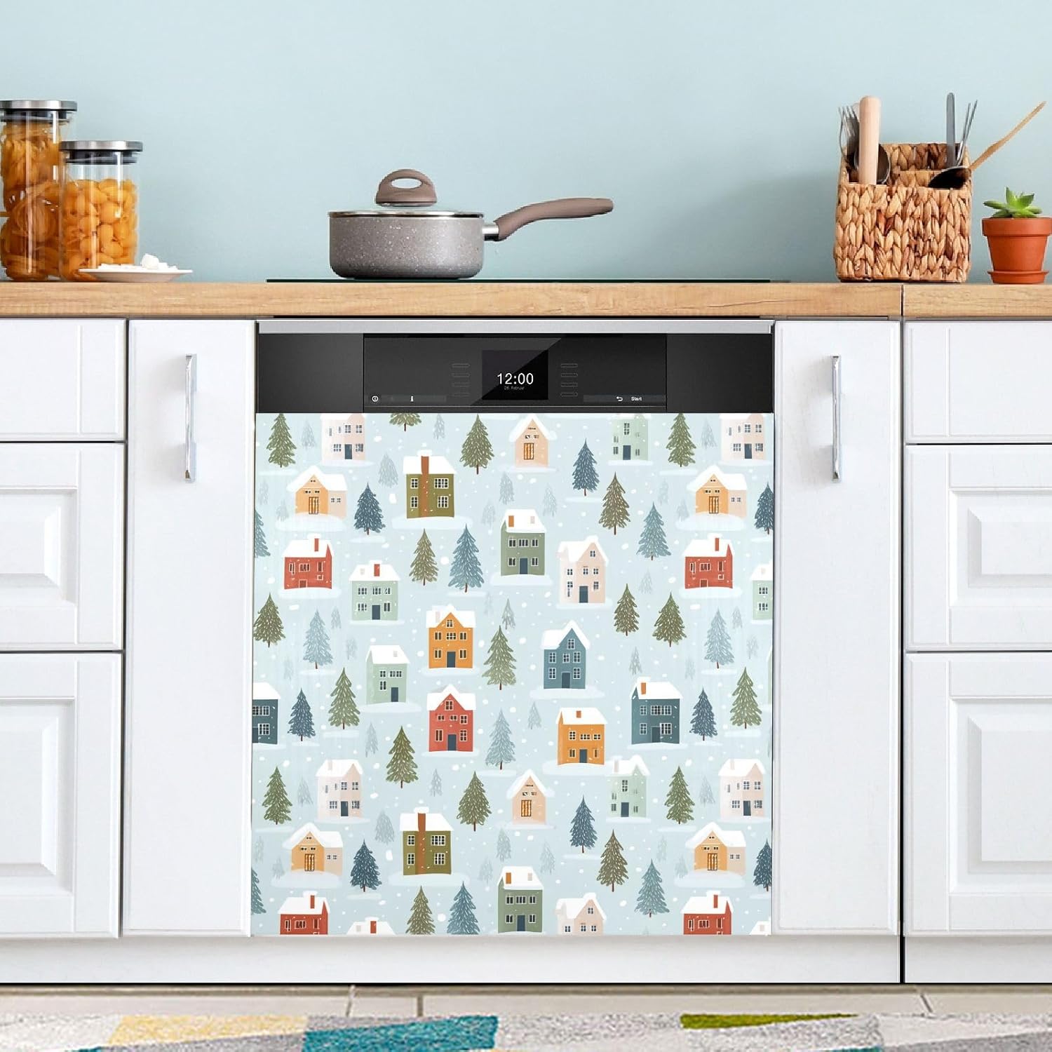 Pfrewn Christmas Winter Magnetic Dishwasher Cover Winter Cute Houses Snowy Fir Tree (1) Fridge Door Covers Kitchen Decal Vinyl Panel Decorative Refrigerator Laundry Appliances 23x26in