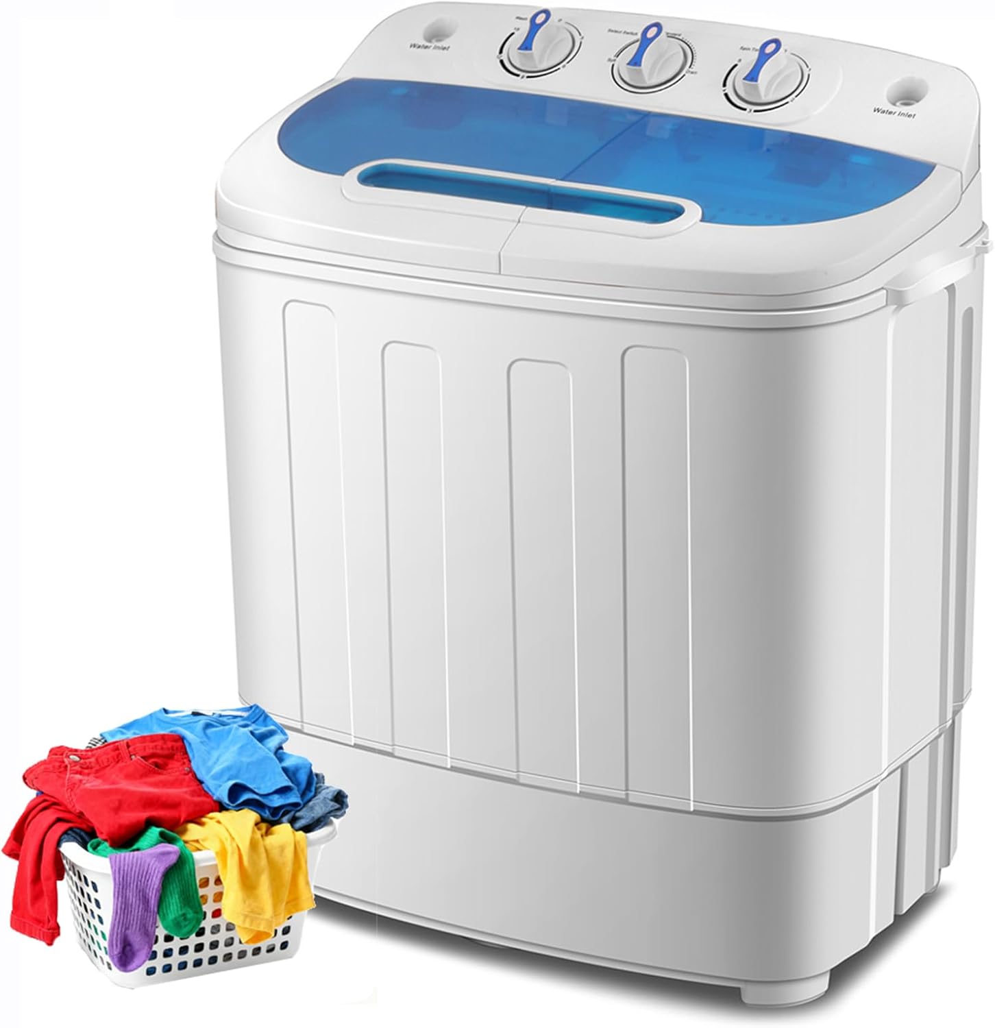 Portable Washing Machine Twin Tub, 15 lbs Compact Washer, 9 lbs and Dryer 6 lbs Combo with Drain Pump, Semi-automatic Mini Laundry Machine for Apartments, Dorms, RVs (White and Blue)