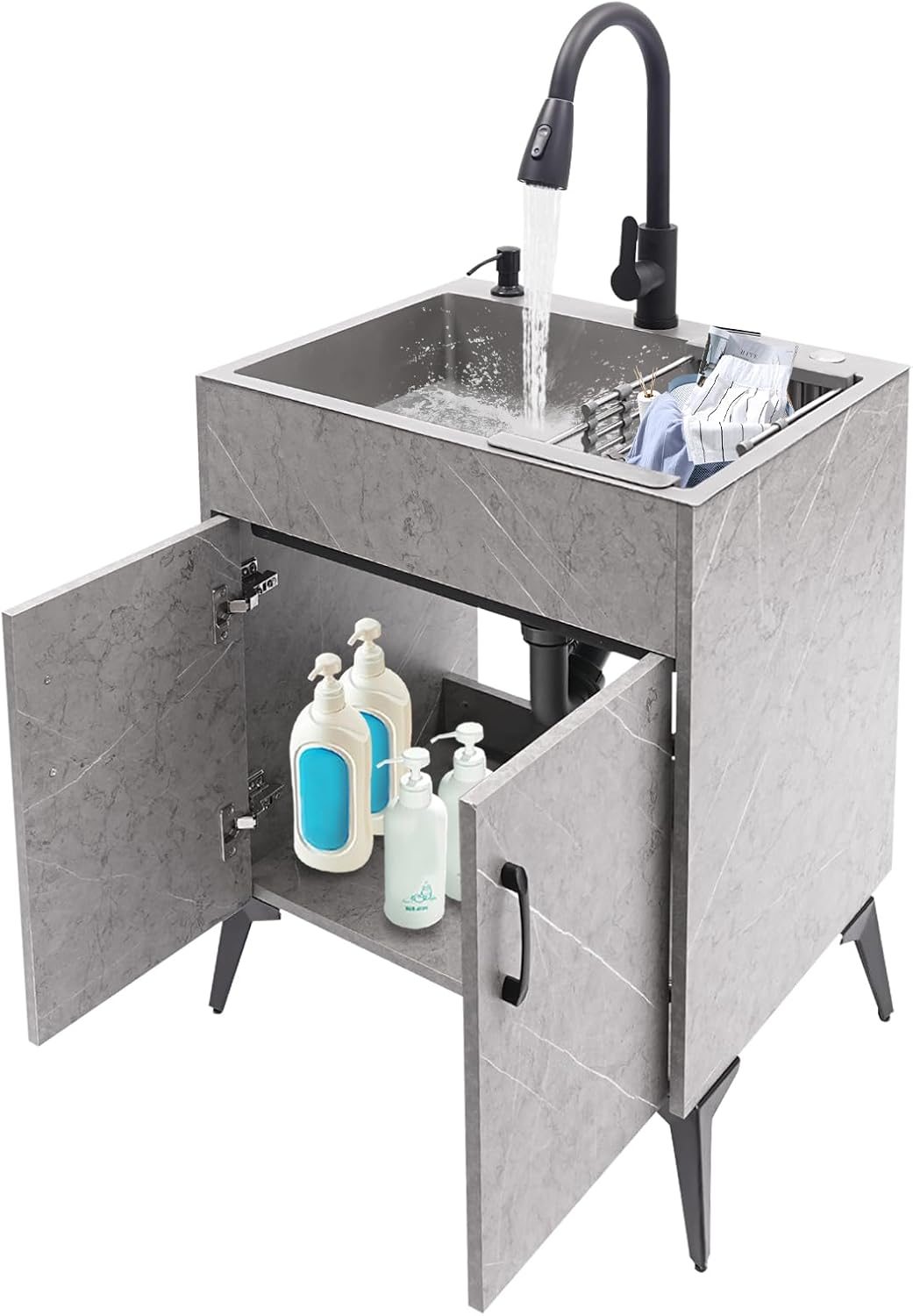 24 Inch Laundry Sink with Cabinet and Pull-Out Sprayer Faucet, Freestanding Utility Sink with Cabinet Combo, Stainless Steel Kitchen Utility Sink for Laundry & Utility Room, Kitchen, Bathroom