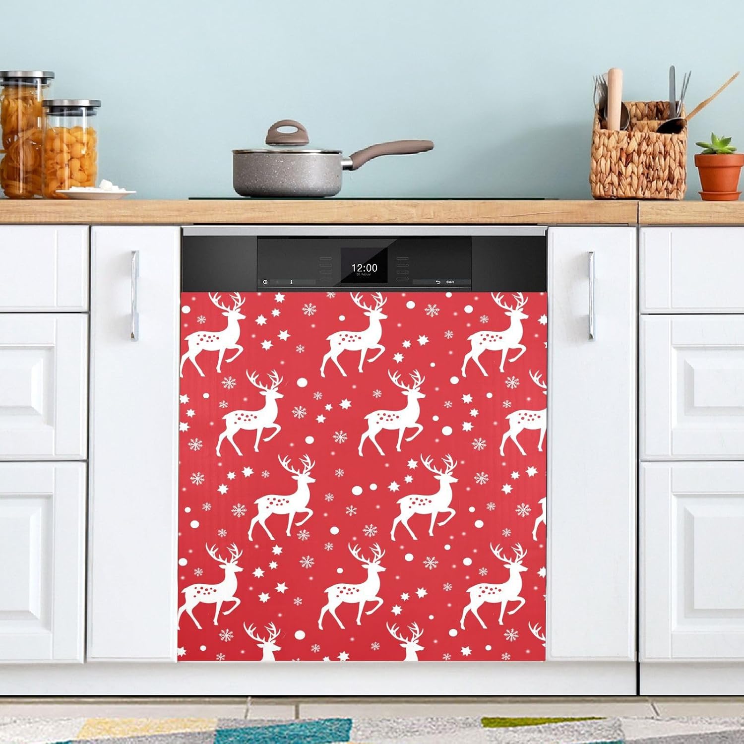 Pfrewn Christmas Winter Magnetic Dishwasher Cover Cute Deer Stars Snow Chrismtas (2) Fridge Door Covers Kitchen Decal Vinyl Panel Decorative Refrigerator Laundry Appliances 23x26in