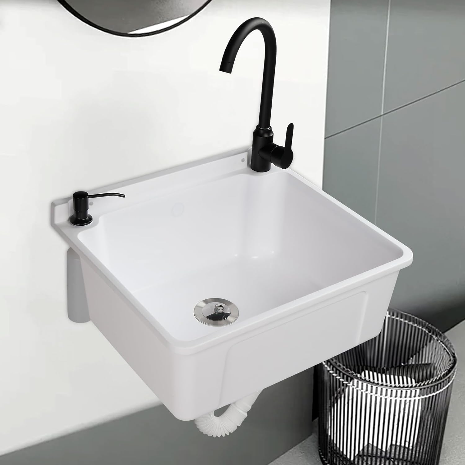 ROVSUN 9-Gallons Plastic Wall-Mounted Utility Sink, Wall-Mounted Utility Tub with Wall Bracket, Hot&Cold Faucet, Drain Plug, Perfect for Basement, Laundry Room, Garage and Shop, White