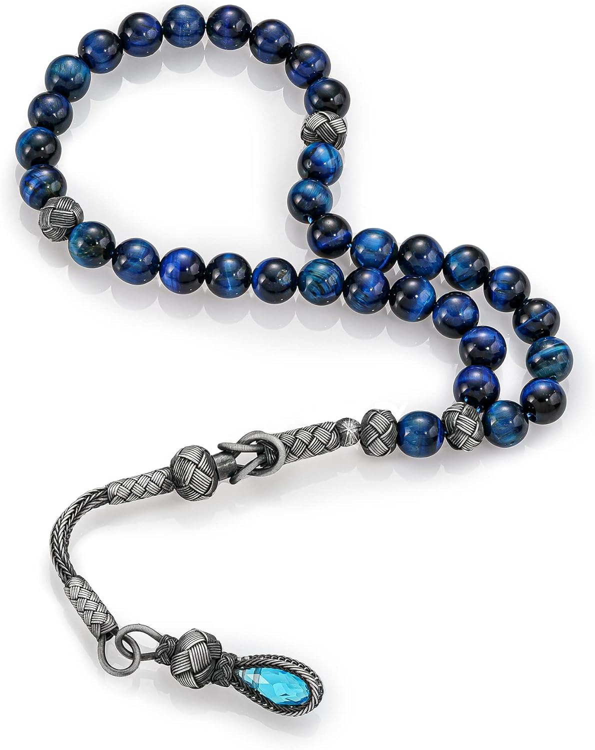 1000 Ct Silver Turkish Kazaz Blue Tiger's Eye Islamic 33 Prayer Beads Tasbeeh