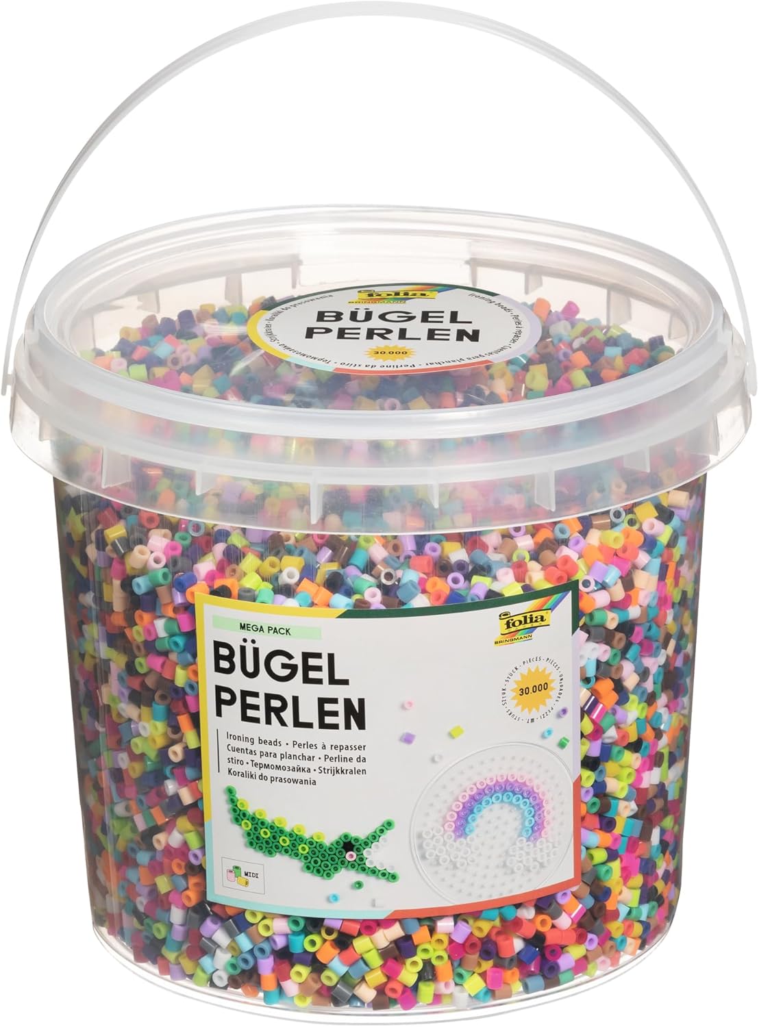 folia 73219 Ironing Beads in Bucket, 30,000 Pieces Assorted in 22 Different Colours, Diameter Approx. 5 mm, Great Addition to The Pin Plates