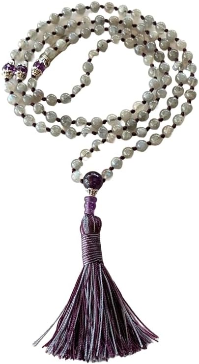 Natural Labradorite and Amethyst 8mm 108 Mala Beads, Spiritual, Meditation Beads, Reiki, Japa Mala, Buddhist Prayer Beads, Yoga Bracelet, healing beads LKMALA-RRGU-1642