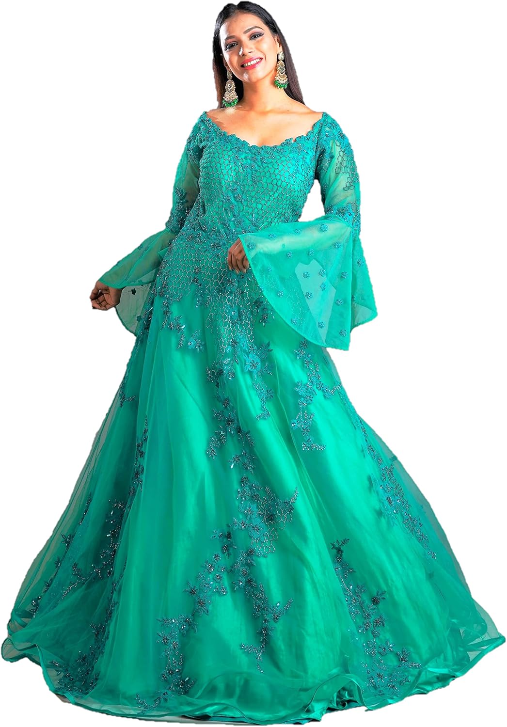 Maharani's Designer Ball (Princess) Gown - Dark Green with Net, Beads, Sequins and Thread Work