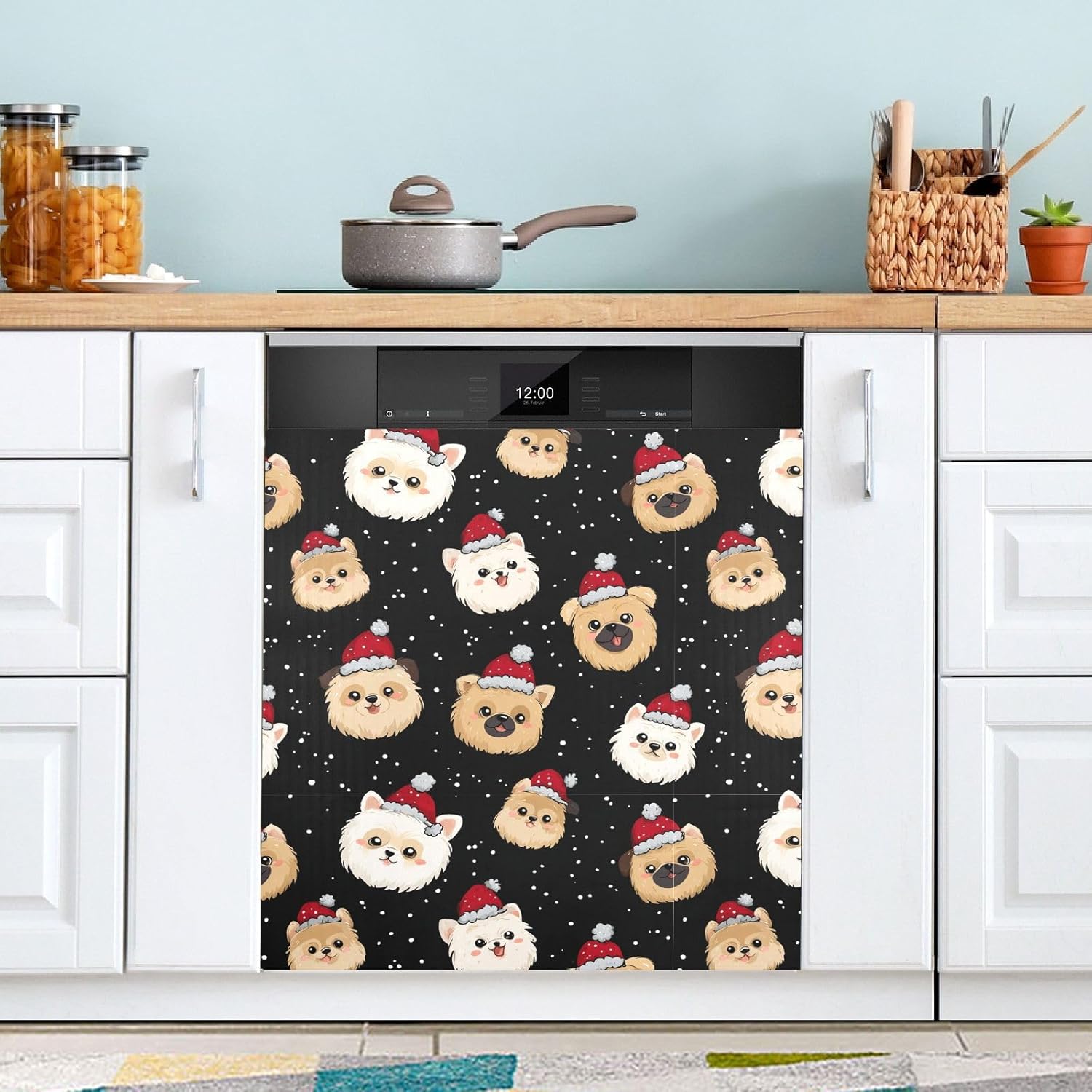 Pfrewn Christmas Winter Magnetic Dishwasher Cover Cute Pomeranian Pugs Santa Hat Fridge Door Covers Kitchen Decal Vinyl Panel Decorative Refrigerator Laundry Appliances 23x26in