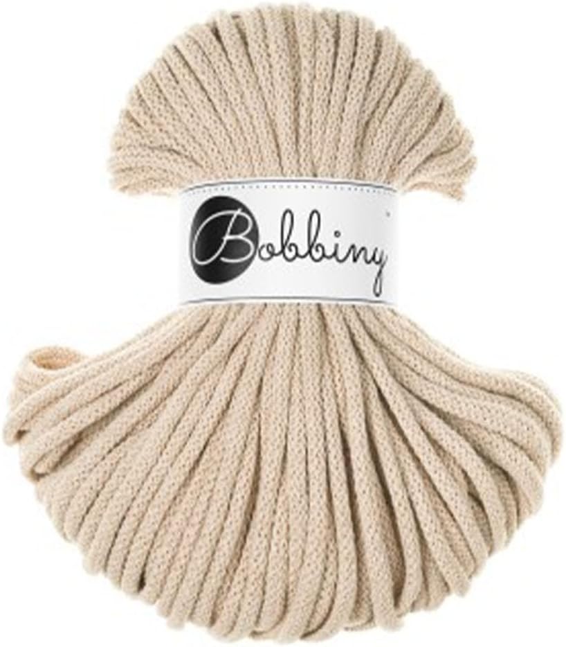 Bobbiny Premium Cotton Braided Cord - 5 mm x 50 m - Versatile Macrame Cord for Knitting, Weaving, DIY Crafts and Home Decoration - High-Quality Colourful Craft Cord Braided Cord - Warm Beige