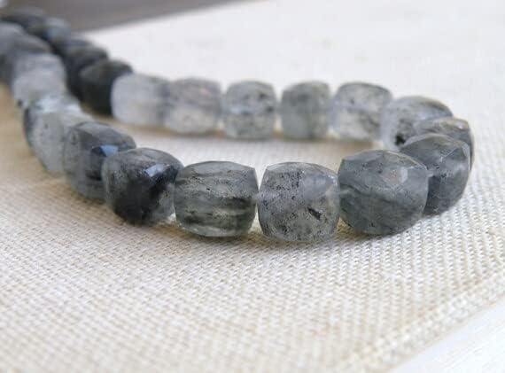 Rutilated Quartz Gemstone Briolette Black Tourmalinated Faceted Cube 8mm 14 Beads 1/2 Strand