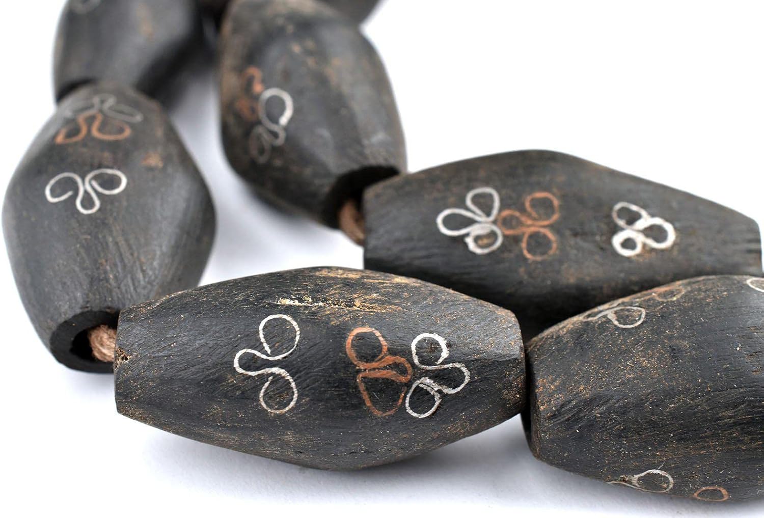 The Bead Chest Mauritanian Inlaid Ebony Wood Bicone Beads 34x20mm African Black Large Hole 30 Inch Strand Handmade