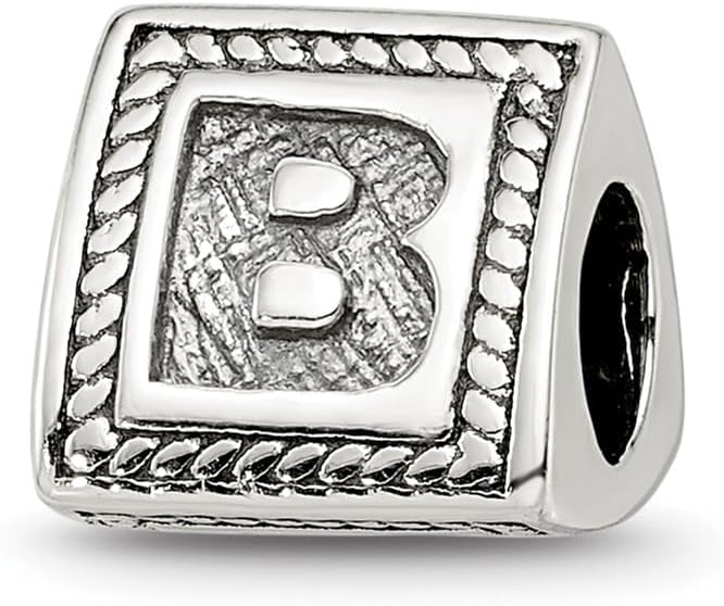 Solid 925 Sterling Silver Reflections Letter B Triangle Block Bead (8.2mm x 8.2mm)