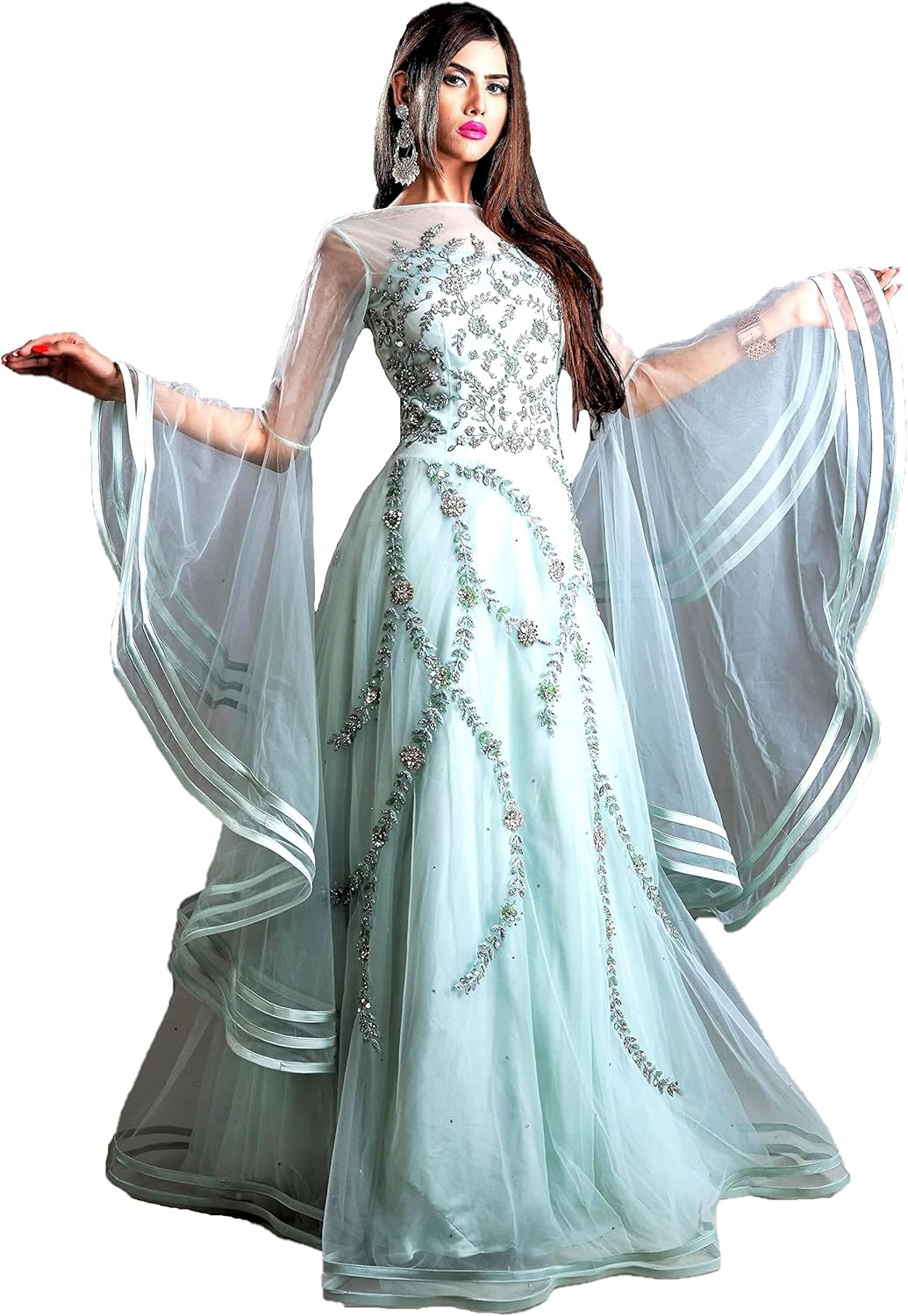 Designer Ball (Princess) Gown - Light Sea Green with Net, Beads, Sequins and Thread Work