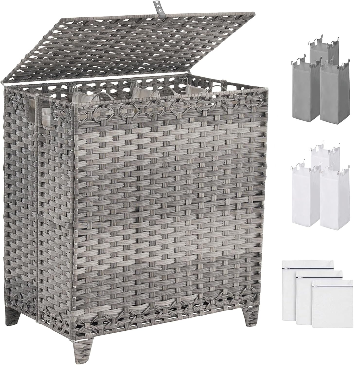 Laundry Hamper with Lid, 190L Large Laundry Basket 3 Section with 6 Removable Liner Bags & 3 Mesh Laundry Bags, Handwoven Rattan Clothes Hamper with Heightened Feet, No Install Needed, Grey