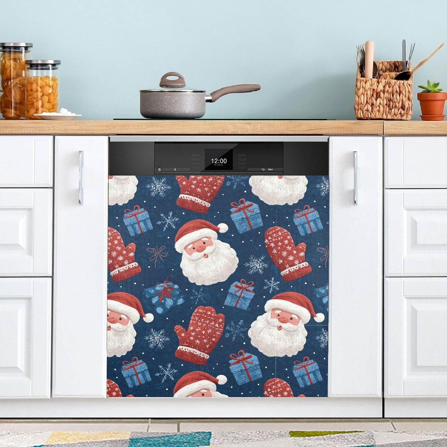 Pfrewn Christmas Winter Magnetic Dishwasher Cover Santa Claus Blue Snowflakes Fridge Door Covers Kitchen Decal Vinyl Panel Decorative Refrigerator Laundry Appliances 23x26in