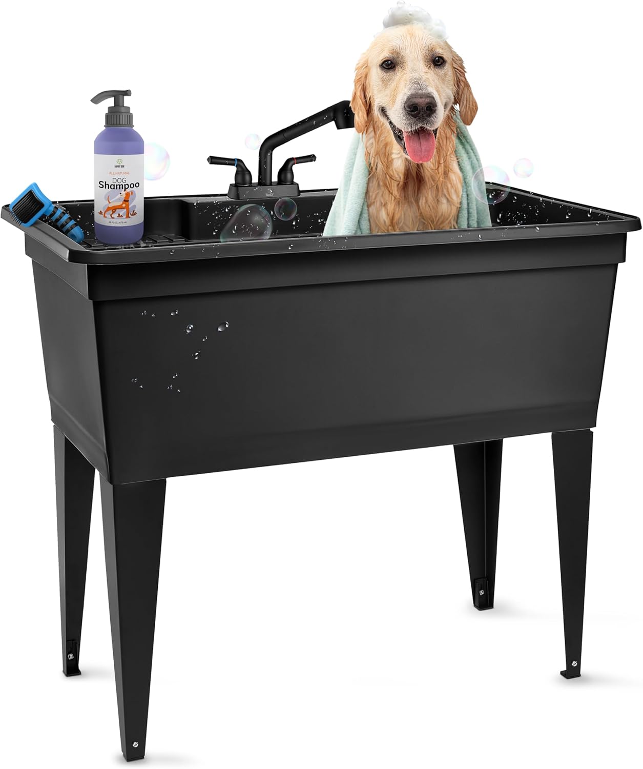 Tehila Freestanding Double-Wide Utility Sink with Steel Legs & Black Pull-Out Faucet, Multi-Purpose Heavy-Duty Laundry Tub and Kitchen Sink for Homes & Business, Black