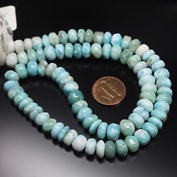 BEADS GEMSTONE Natural Larimar Large Size Smooth Gemstone Rondelle Gemstone Loose Craft Beads Strand 18 Inch Long 9mm Code-HIGH-26254