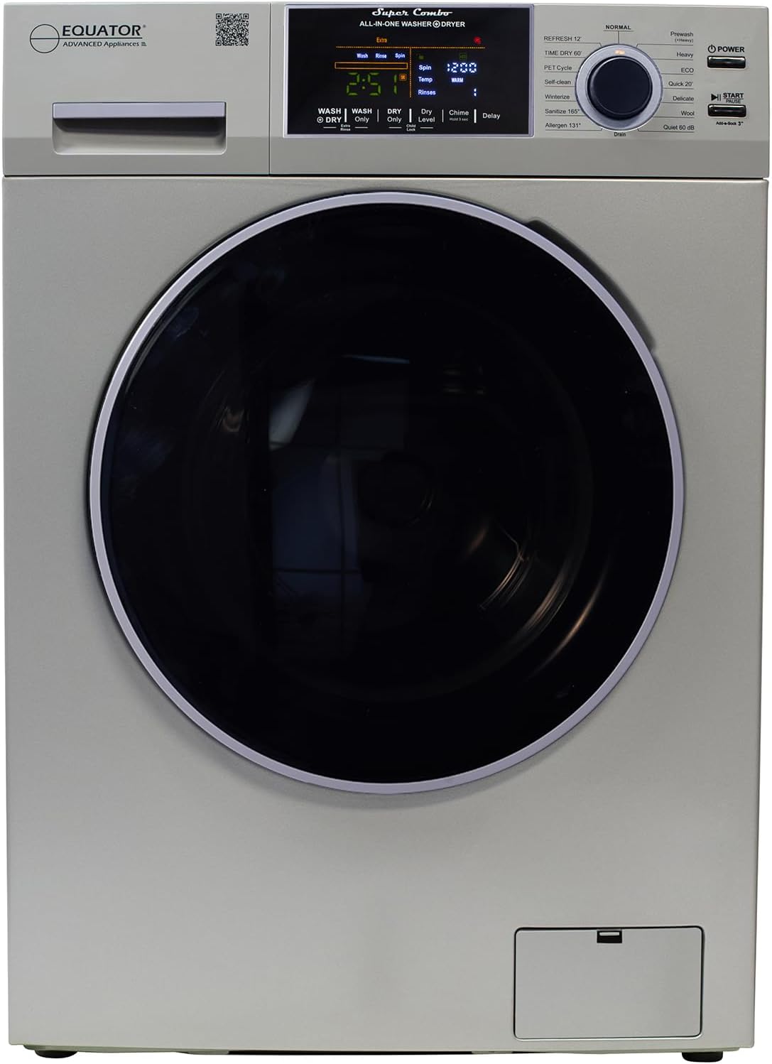 Equator All-in-One Washer Dryer VENTED-DRY 30% FASTER than Condense 15lb 110V in Silver
