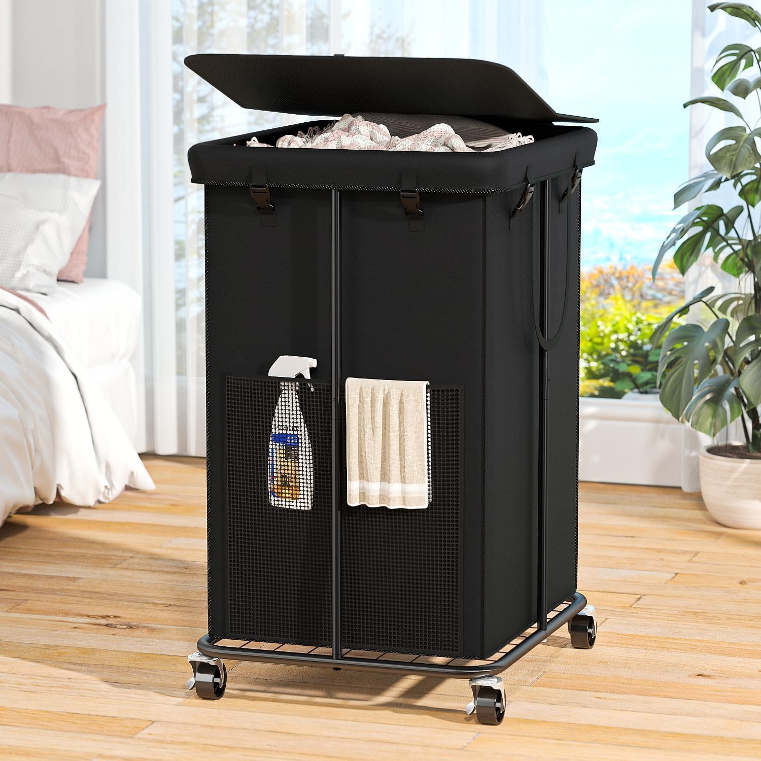 160L Laundry Hamper with Lid, Rolling Laundry Basket with Wheels, Large & Tall Dirty Clothes Hamper with Metal Frame and Removable Bag for Bedroom Aesthetic, Laundry Room, Bathroom, Dorm-Black