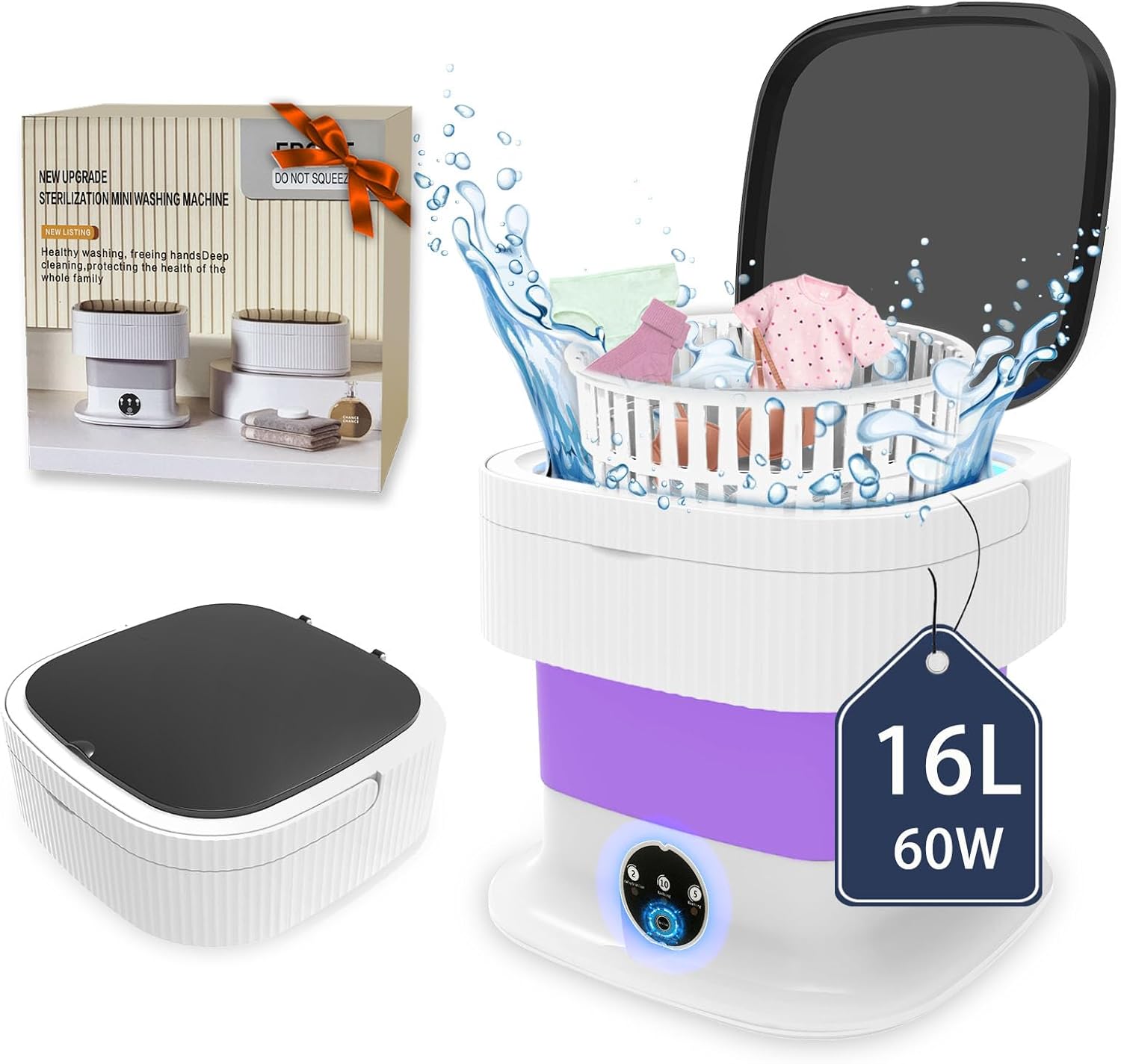 Portable Washing Machine, 16L Large Capacity Mini Washing Machine, Small Foldable Collapsible Washer and Dryer with Spin for Travel, Socks, Baby Clothes, Underwear (Blue)