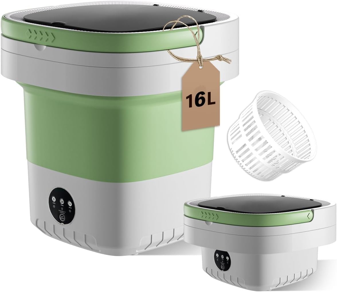 Portable Washing Machine,16L Upgraded Mini Washer with Spin Basket Laundry Machine, 3 Cleaning Modes Suitable for Small Clothes, Foldable Design Ideal for Hotel, Campain, Apartment (Green)