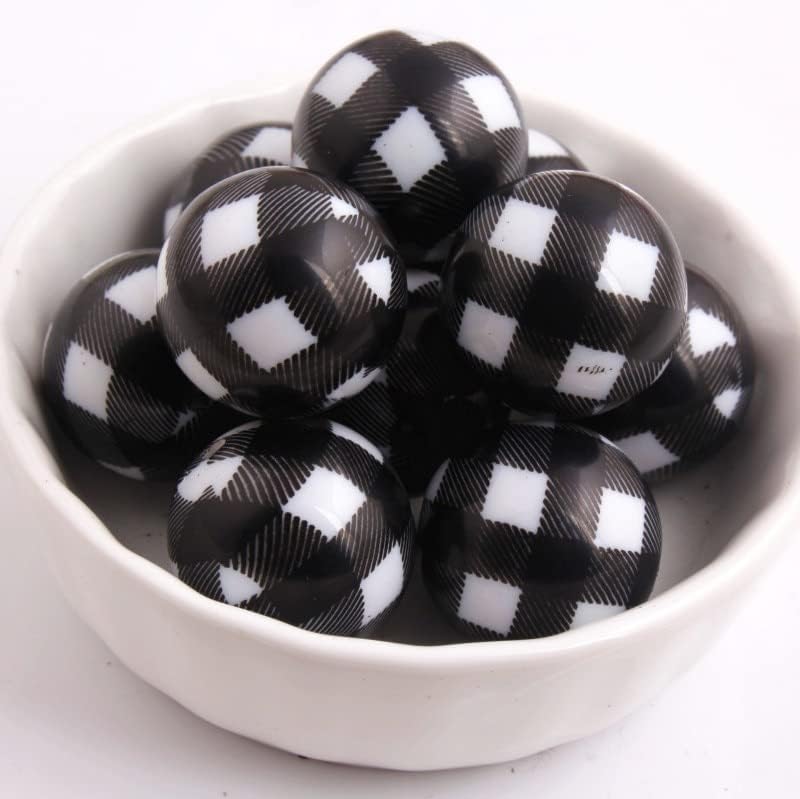 Davitu Kwoi Vita 12mm 20mm Acrylic White Solid Beads Print Black Plaid for Chunky Beads Necklace Jewelry - (Item Diameter: 12mm)